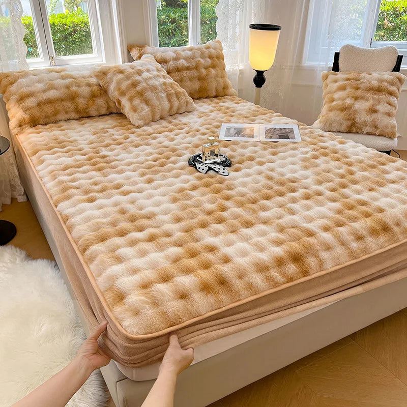 Afralia™ Faux Rabbit Plush Coral Fleece Fitted Sheet for Single Bed in Autumn/Winter