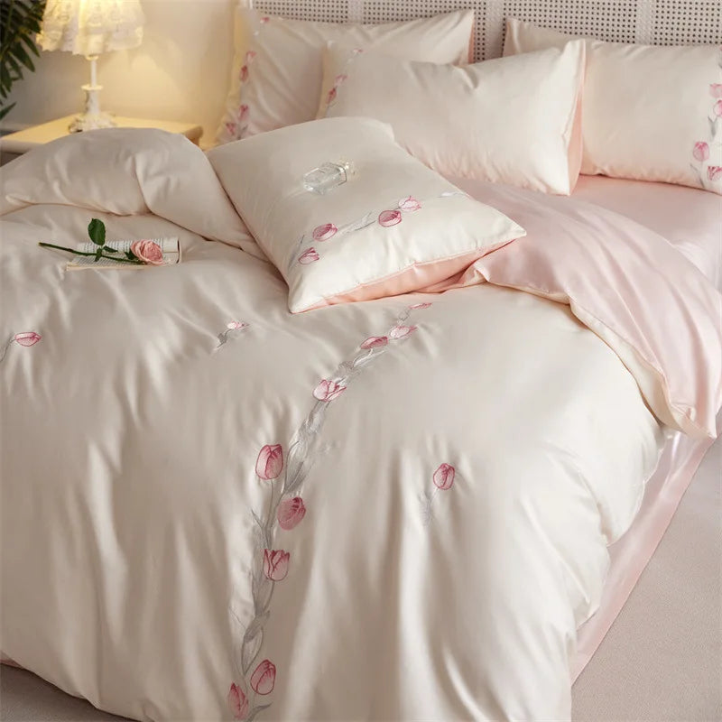 Afralia™ Luxury 100S Long Staple Cotton Embroidery Bedding Set, Ultra Soft Solid Duvet Cover, Double King Size