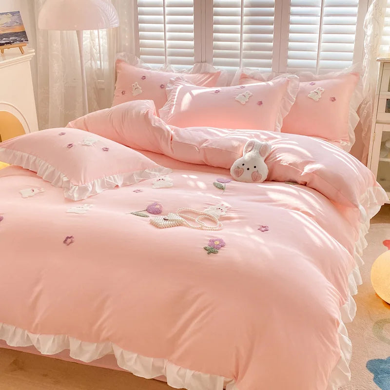 Afralia™ Cartoon Embroidery 100% Cotton Bedding Set King Queen Bedclothes