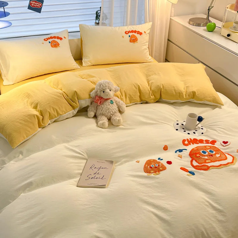 Afralia™ Cartoon Embroidered Cotton Bedding Set for King/Queen Beds