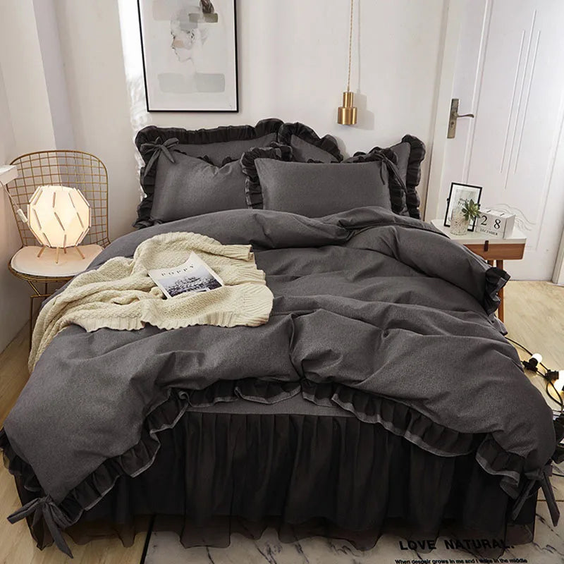 Afralia™ Korean Bed Skirt Set with Ruffled Edges - Solid, Skin-Friendly Bedding Kit