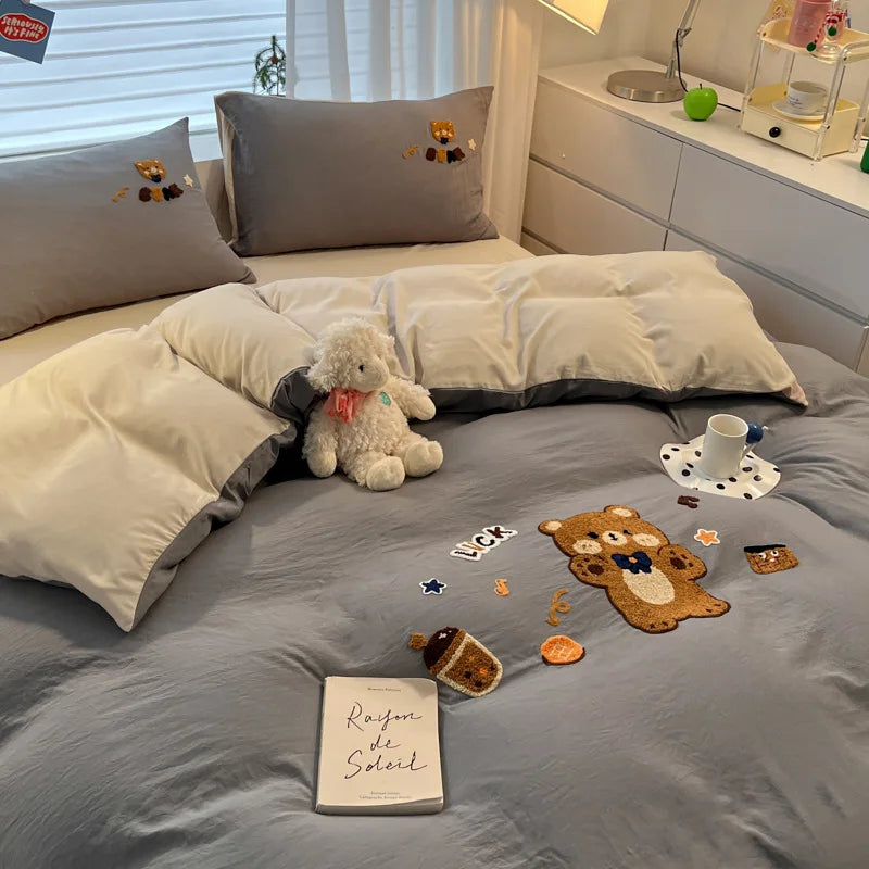 Afralia™ Cartoon Embroidered Cotton Bedding Set for King/Queen Beds
