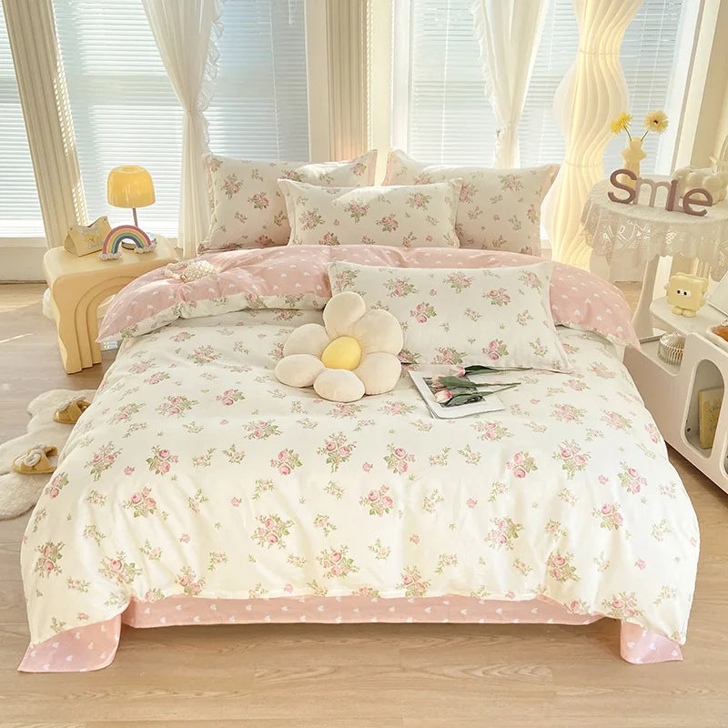 Afralia™ Romantic Flower Print Cotton Bedding Set with Ultra Soft Duvet Cover & Bed Linens