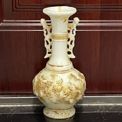 "Afralia™ White Marble Gold Vase with Ming and Qing Antique Jade Dragons"