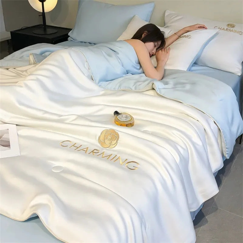 Afralia™ Nordic Style Floral Embroidered Ice Silk Comforter Set for Cooling Luxury Experience.