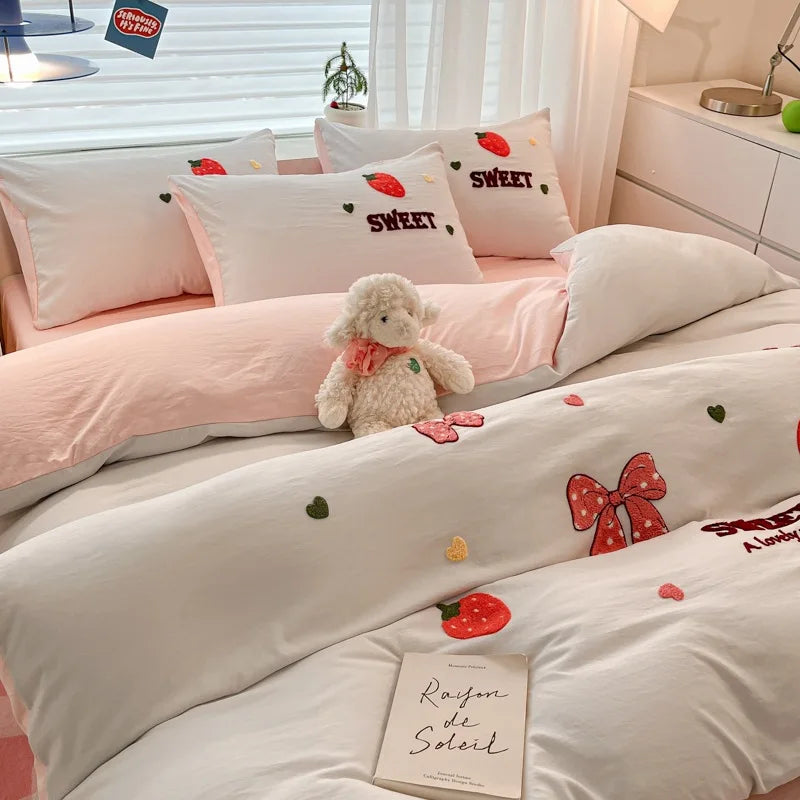 Afralia™ Cartoon Embroidered Cotton Bedding Set for King/Queen Beds