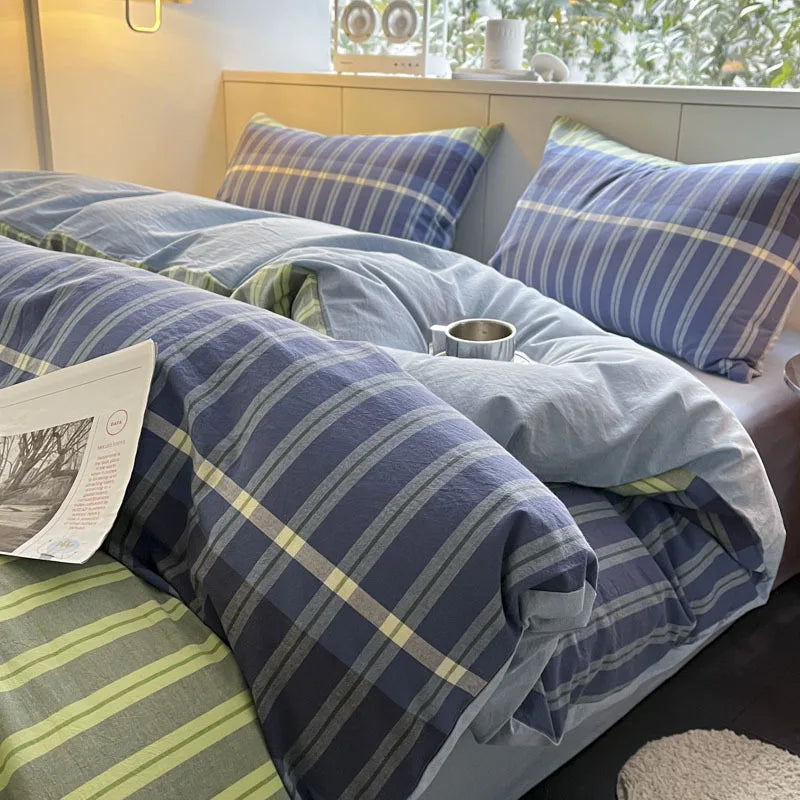 Nordic Grid Print Bedding Set in Wash Cotton Linen for Single Double Bed by Afralia™