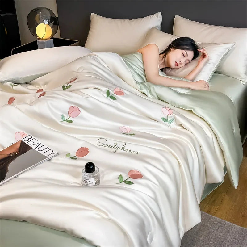 Afralia™ Washed Satin Embroidered Cool Blanket - Soft Skin-Friendly Summer Quilt