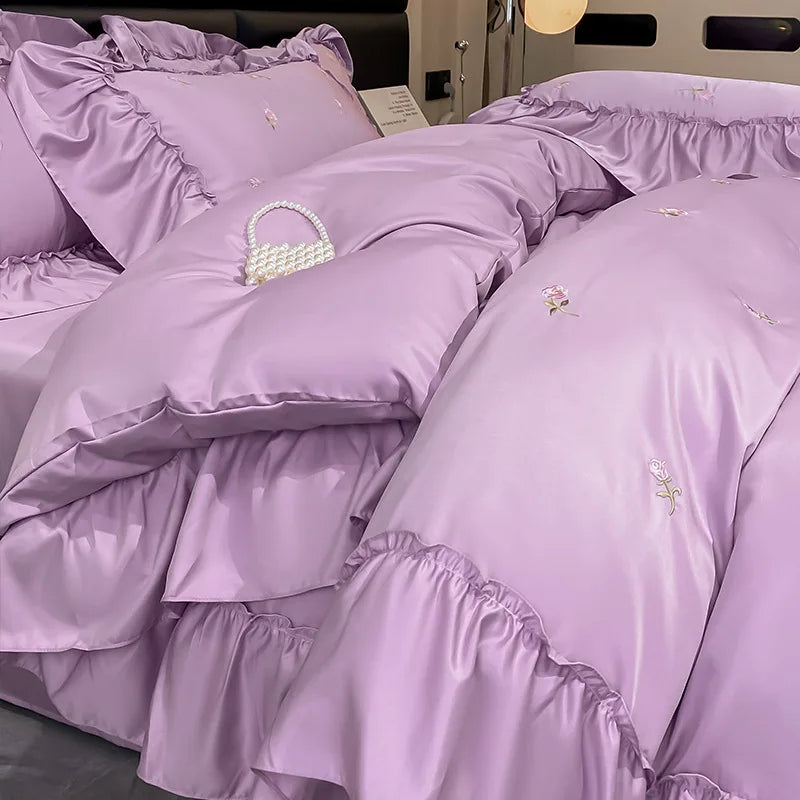 Afralia™ Ice Silk Embroidery Bedding Sets: Luxury Rayon Duvet Set with Lace, Soft & Cozy