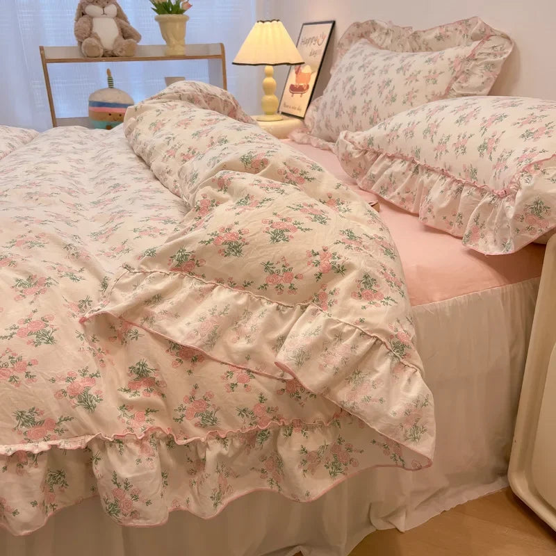 Afralia™ Lace Bedding Set: Printed Design, Single Queen Size, Cozy Quilt Cover, Fitted Sheet, 2 Pillowcases