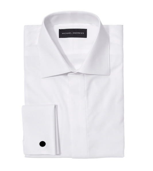 (product) White Pique Hidden Button Tux Shirt - custom suits nyc bespoke tailor midtown, noho