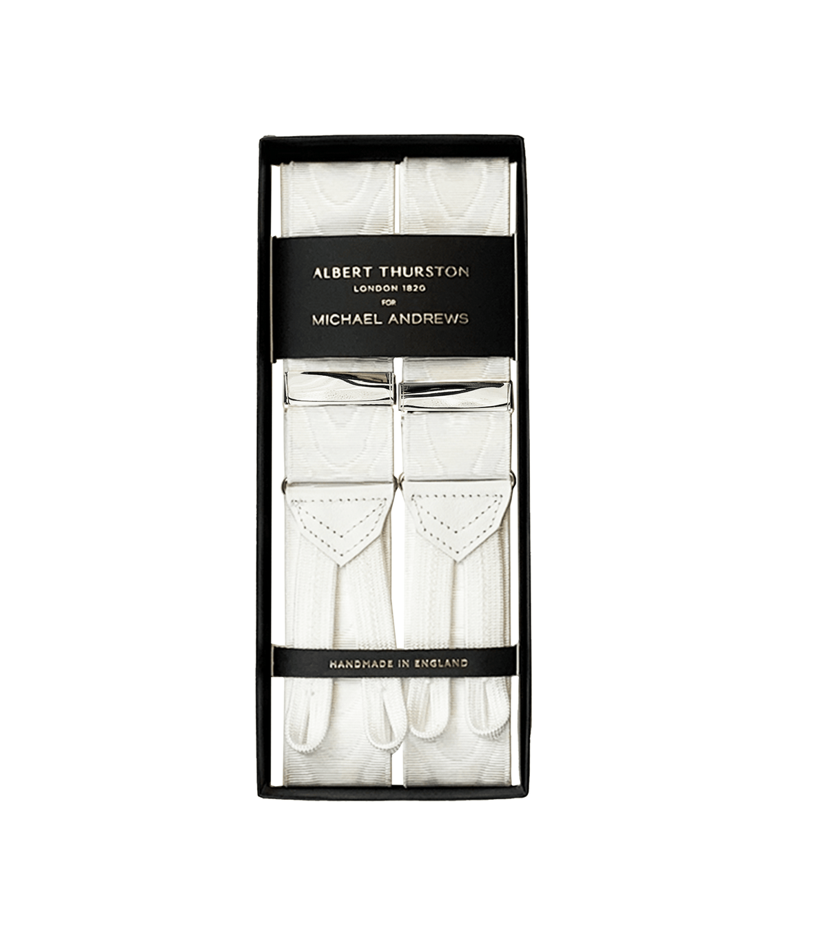 (product) White Moire Suspenders w Silver Hardware - custom suits nyc bespoke tailor midtown, noho