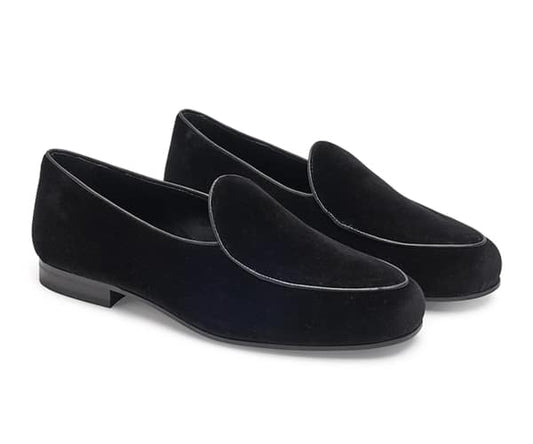 (product) Black Velvet Belgian Slipper, Side view of the pair - custom suits nyc bespoke tailor midtown, noho