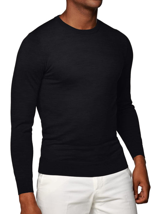 (product) Black Merino Wool Crew Neck Sweater - custom suits nyc bespoke tailor midtown, noho