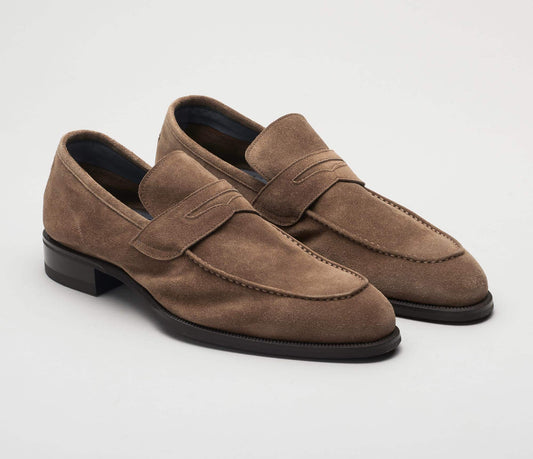 (product) Brera Farro Brown Suede Loafer, Angled pair view - custom suits nyc bespoke tailor midtown, noho