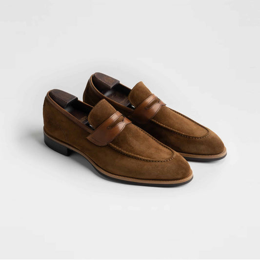 (product) Brera Tobacco Suede Loafer, Angled pair view - custom suits nyc bespoke tailor midtown, noho