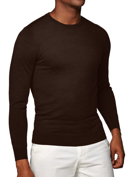 (product) Dark Brown Merino Wool Crew Neck Sweater - custom suits nyc bespoke tailor midtown, noho