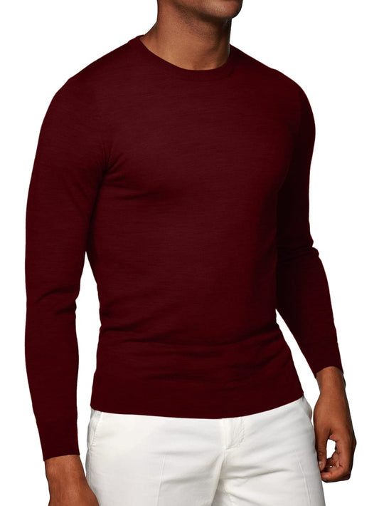 (product) Dark Merlot Merino Wool Crew Neck Sweater - custom suits nyc bespoke tailor midtown, noho