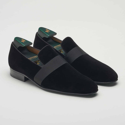 (product) Galba Black Velvet Formal Loafer, Angled pair view - custom suits nyc bespoke tailor midtown, noho