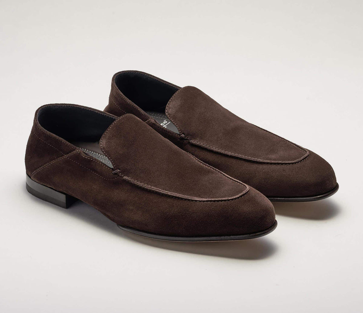 (product) Gallipoli Mogano Suede Loafer, Front view of the pair - custom suits nyc bespoke tailor midtown, noho
