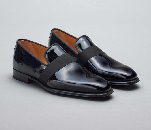 (product) Catania Black Patent Formal Loafer, angled pair view - custom suits nyc bespoke tailor midtown, noho