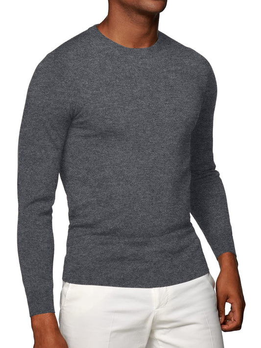 (product) Grey Merino Wool Crew Neck Sweater - custom suits nyc bespoke tailor midtown, noho