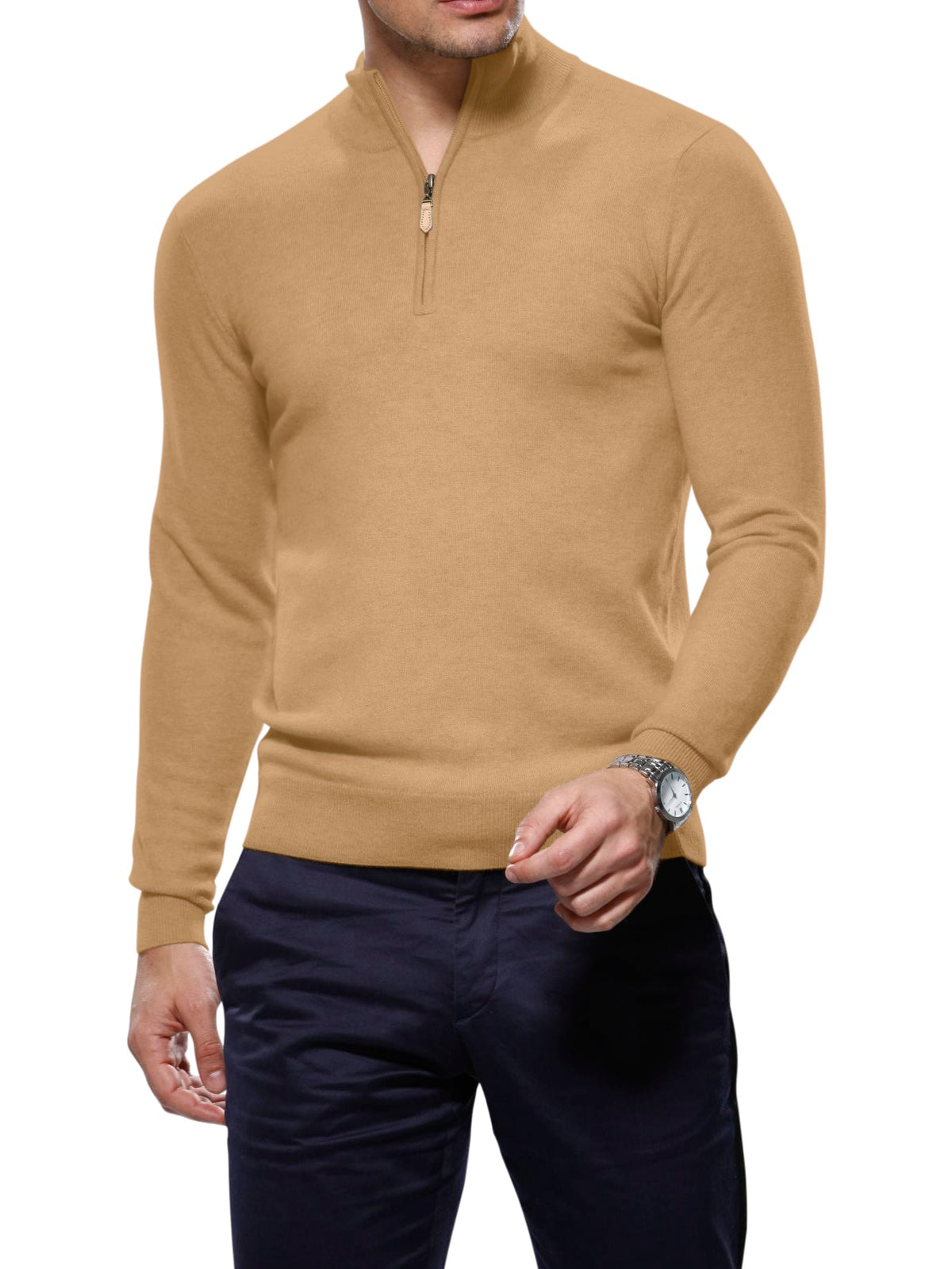 (product) Light Camel Merino Wool 1/4 Zip Mock Sweater - custom suits nyc bespoke tailor midtown, noho