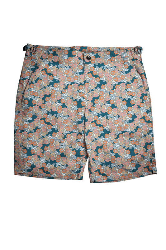 (product) Blue with Orange Flowers Swim Shorts, full view - custom suits nyc bespoke tailor midtown, noho