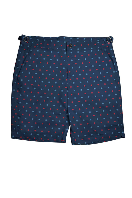 (product) Blue/Red Polka Dots on Navy Swim Shorts, front view - custom suits nyc bespoke tailor midtown, noho