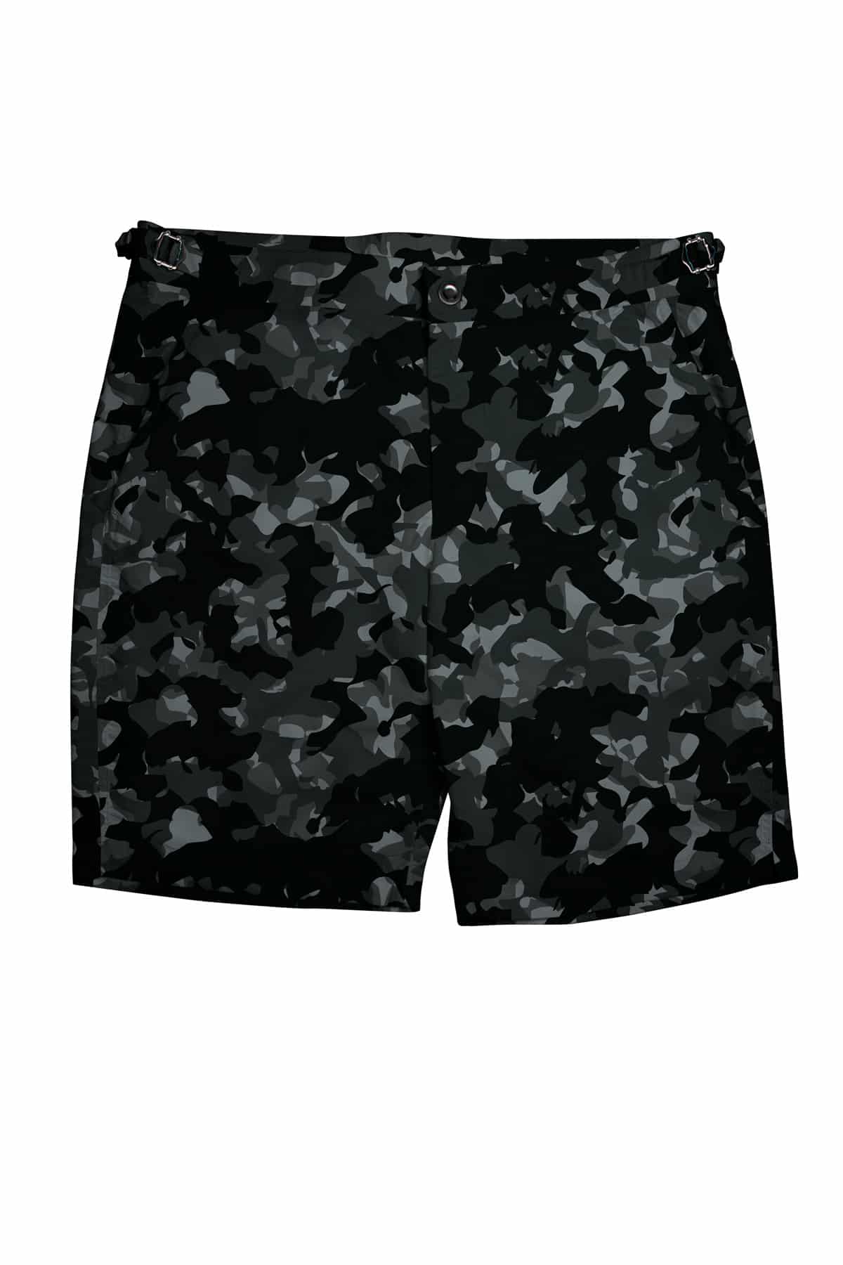 (product) Grey Camouflage Swim Shorts, front view - custom suits nyc bespoke tailor midtown, noho