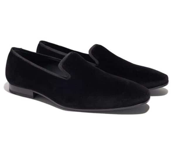 (product) Black Velvet Slip-On Tuxedo Shoe, angled pair view - custom suits nyc bespoke tailor midtown, noho