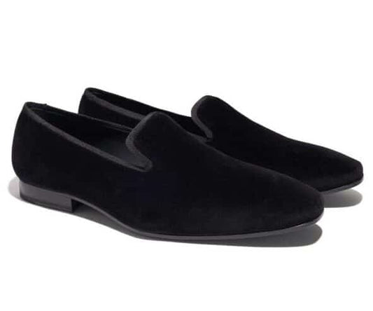 (product) Black Velvet Slip-On Tuxedo Shoe, angled pair view - custom suits nyc bespoke tailor midtown, noho