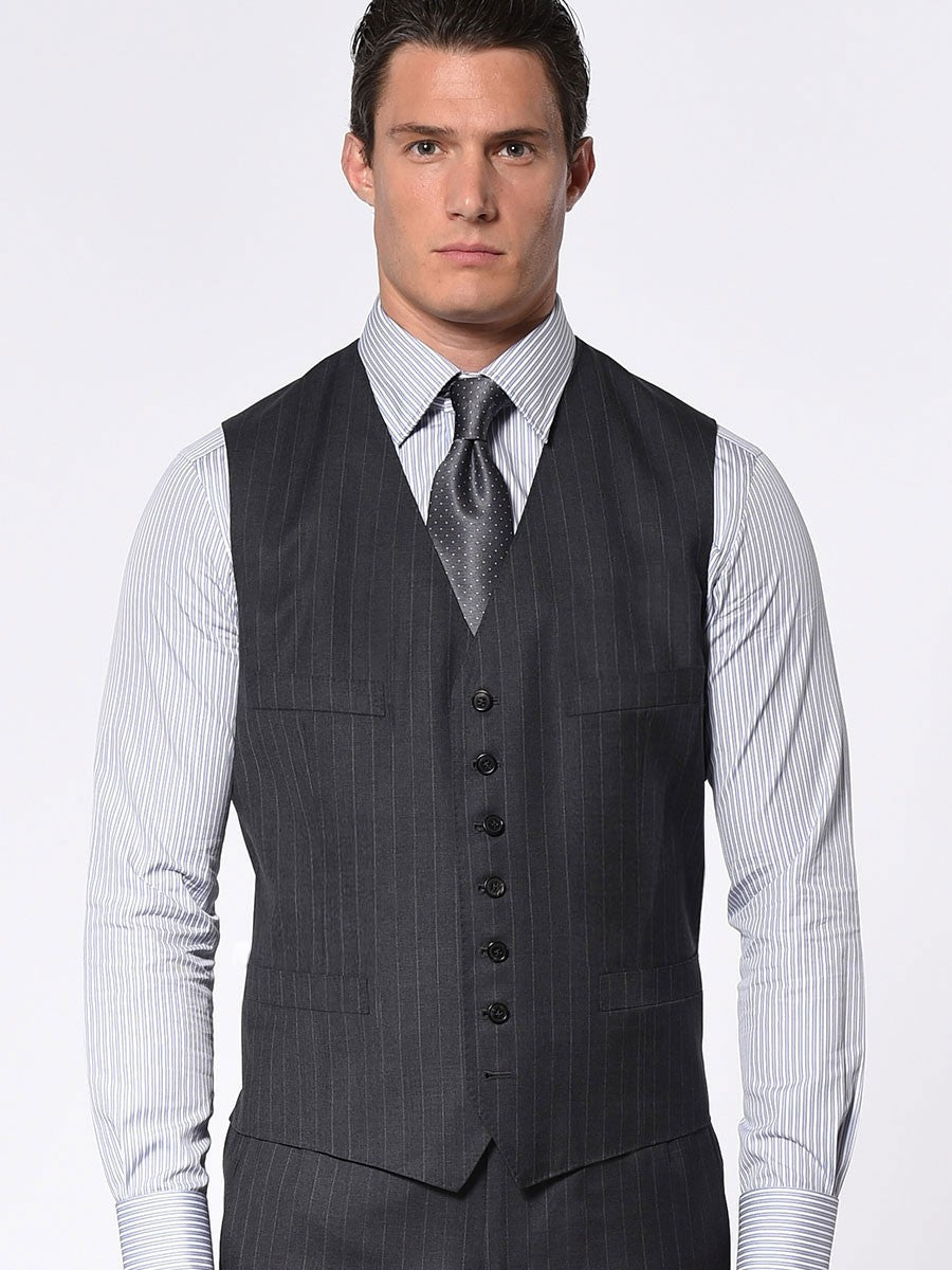 (product) Charcoal Twill Stripe Bespoke Vest - custom suits nyc bespoke tailor midtown, noho