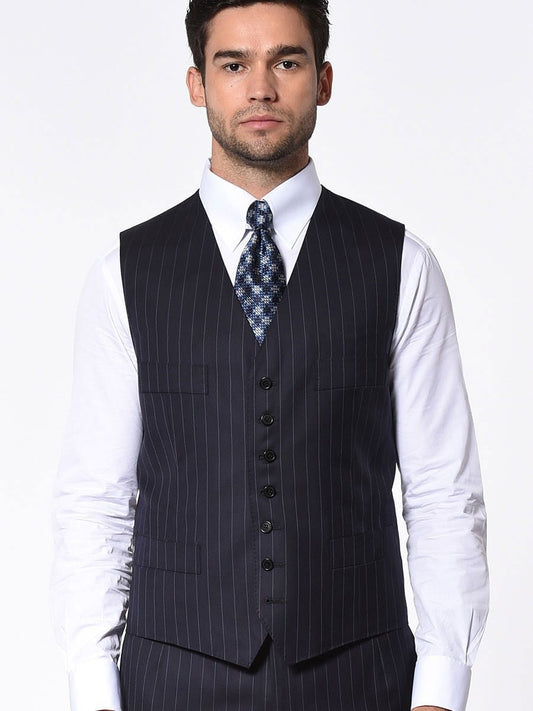 (product) Navy Twill Stripe Signature 7-Button Vest - custom suits nyc bespoke tailor midtown, noho