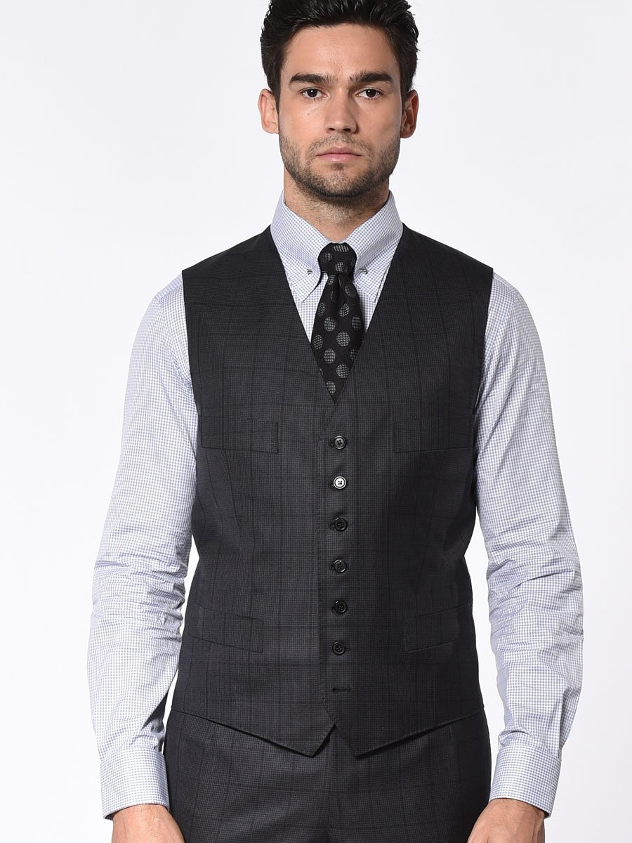 (product) Charcoal Houndstooth Windowpane Bespoke Signature 7-Button Vest - custom suits nyc bespoke tailor midtown, noho