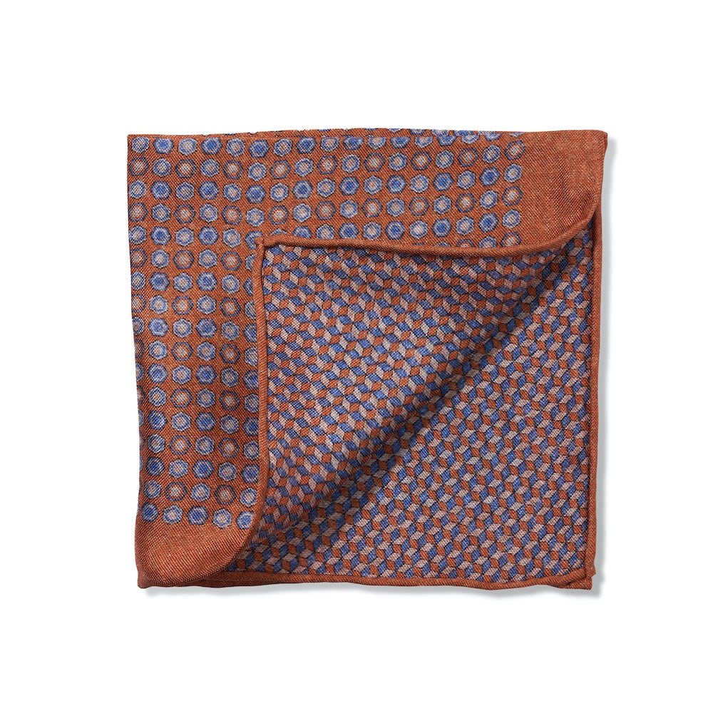 (product) Orange, Blue & Ivory Medallion & Cubes Double Sided Pocket Square, folded - custom suits nyc bespoke tailor midtown, noho