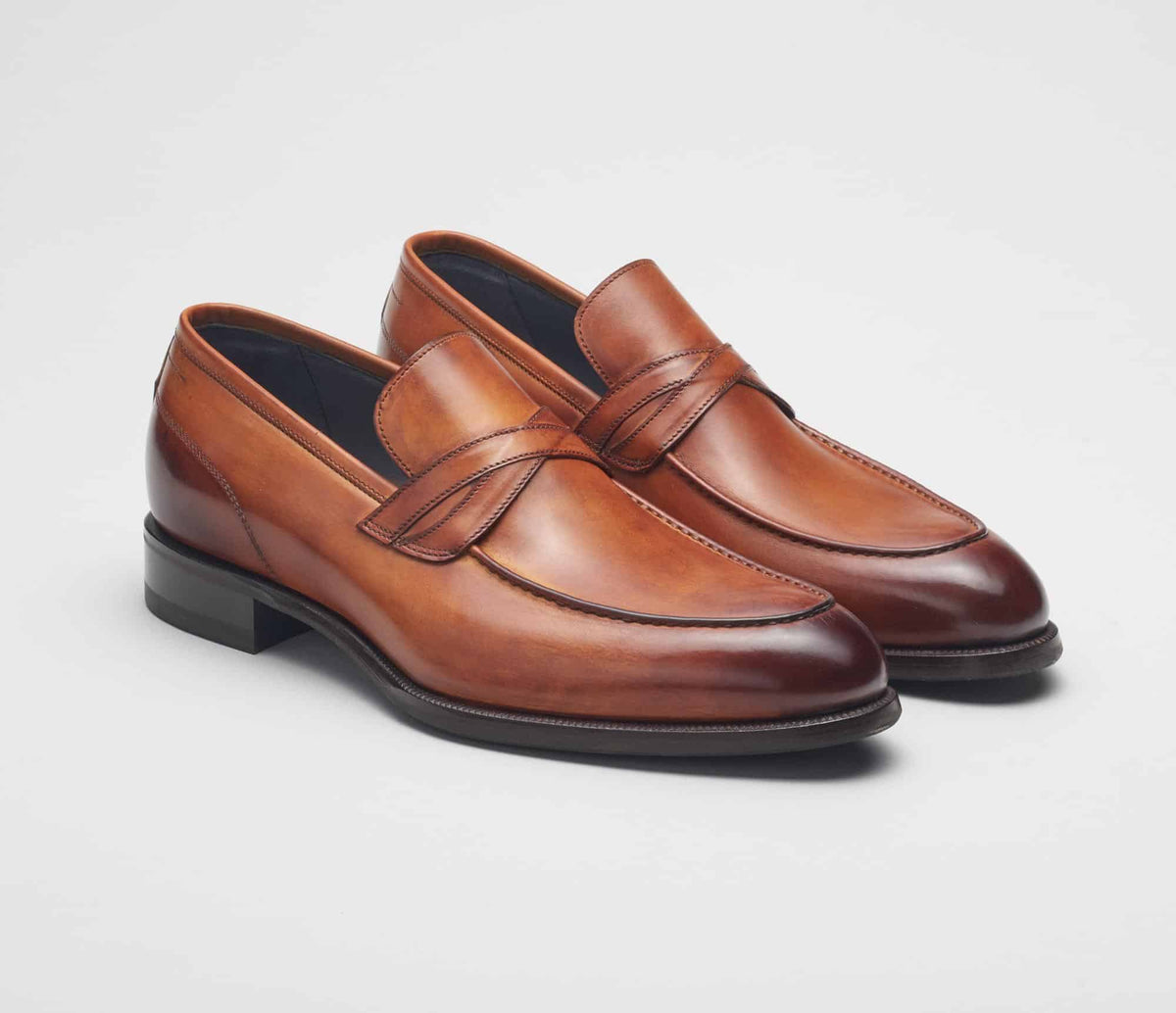 (product) Firenze Burnished Marmo Brown Loafer, Angled pair view - custom suits nyc bespoke tailor midtown, noho
