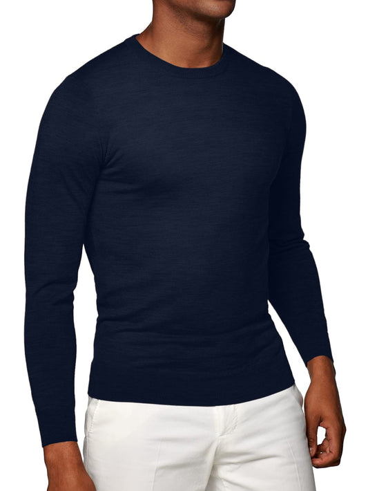 (product) Navy Merino Wool Crew Neck Sweater - custom suits nyc bespoke tailor midtown, noho