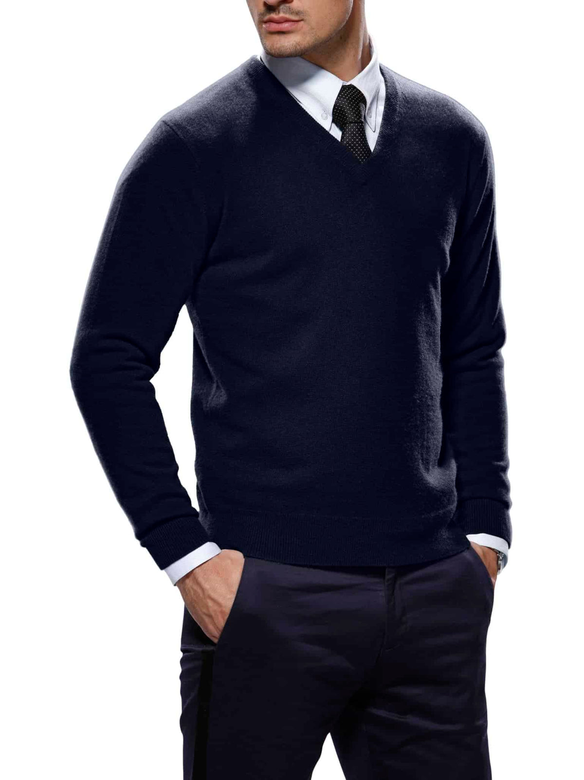 (product) Midnight Blue Cashmere Cashmere V-Neck Sweater - custom suits nyc bespoke tailor midtown, noho