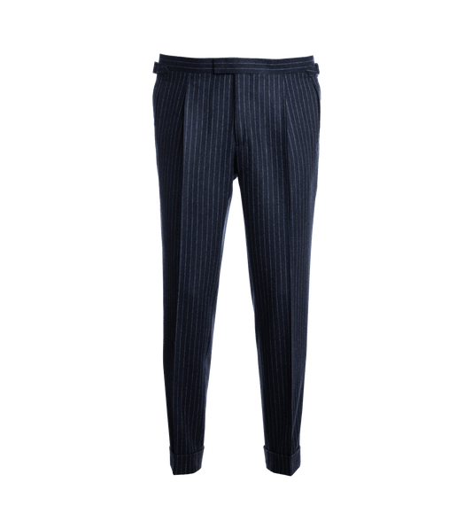 Navy Blue Flannel Narrow Chalk Stripe Pants - He Spoke Style Shop - custom suits nyc bespoke tailor midtown, noho