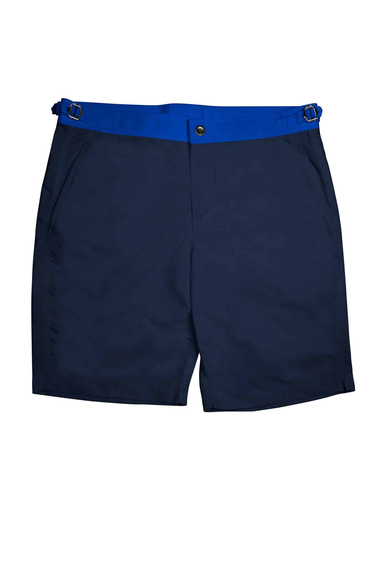 (product) Navy Blue Swim Shorts with Royal Blue Waistband - custom suits nyc bespoke tailor midtown, noho