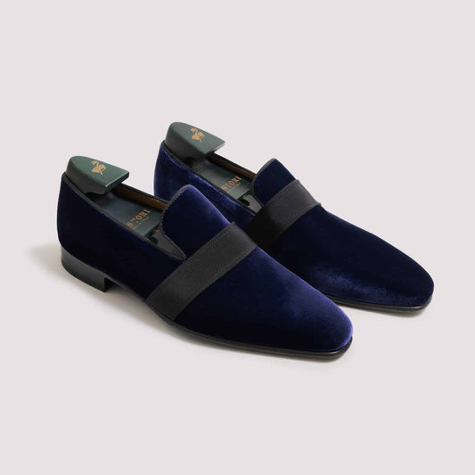 (product) Galba Navy Velvet Formal Loafer, Angled pair view - custom suits nyc bespoke tailor midtown, noho