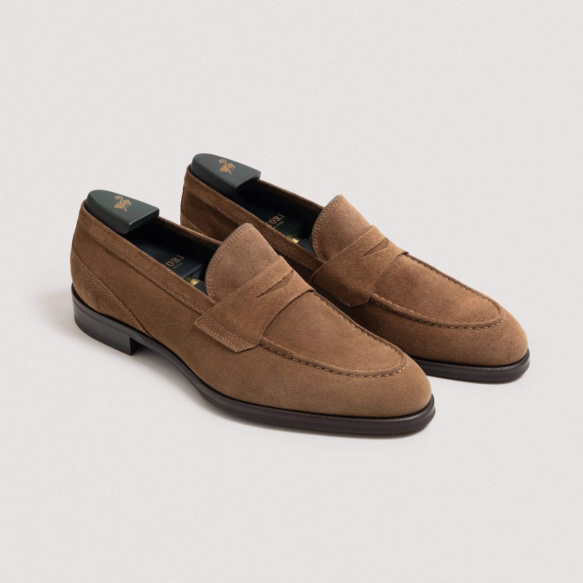 (product) Theodore Loafer Suede Farro, front pair view - custom suits nyc bespoke tailor midtown, noho