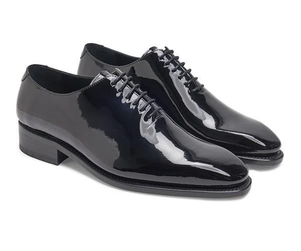 (product) Black Patent Leather Whole Cut Lace-Up, Side view of the pair - custom suits nyc bespoke tailor midtown, noho