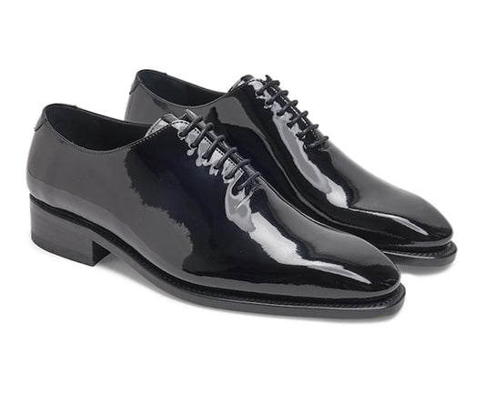 (product) Black Patent Leather Whole Cut Lace-Up, Side view of the pair - custom suits nyc bespoke tailor midtown, noho