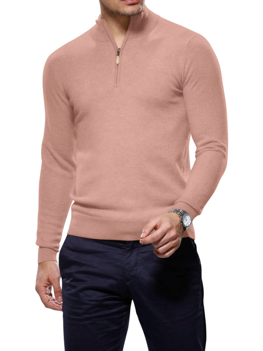 (product) Pink Merino Wool 1/4 Zip Mock Sweater - custom suits nyc bespoke tailor midtown, noho
