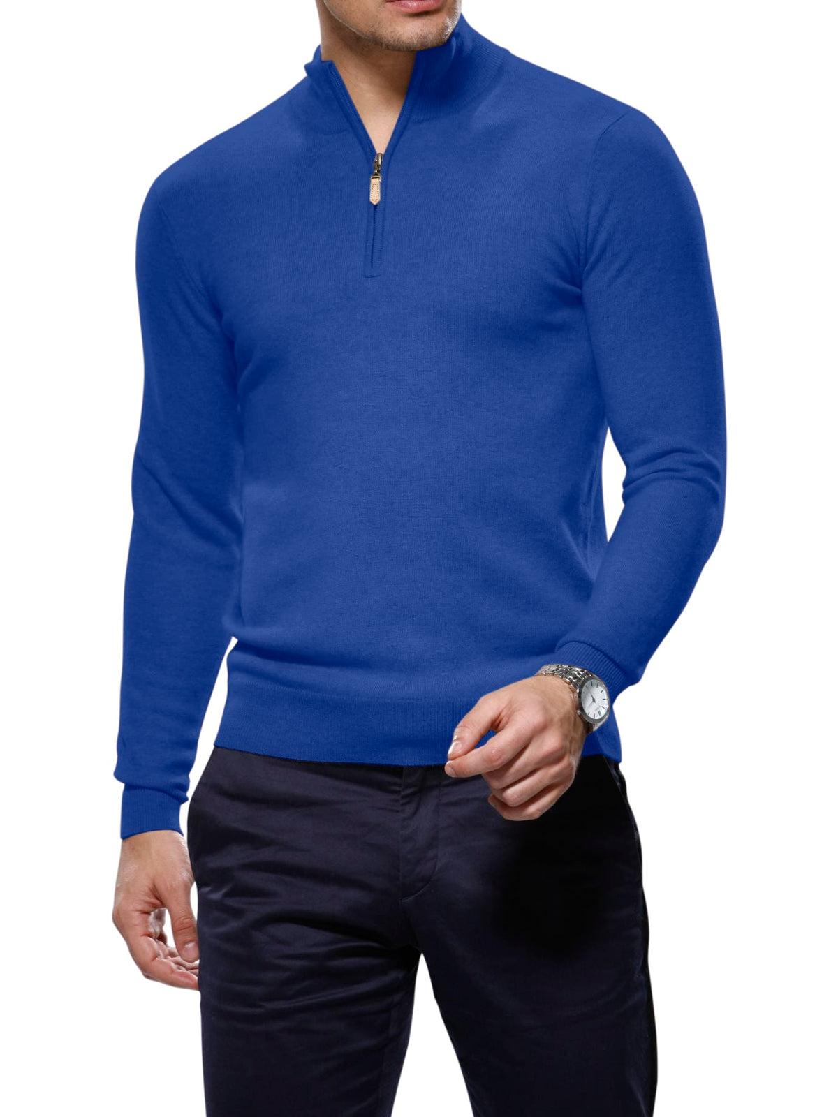 (product) Prussian Blue Merino Wool 1/4 Zip Mock Sweater - custom suits nyc bespoke tailor midtown, noho