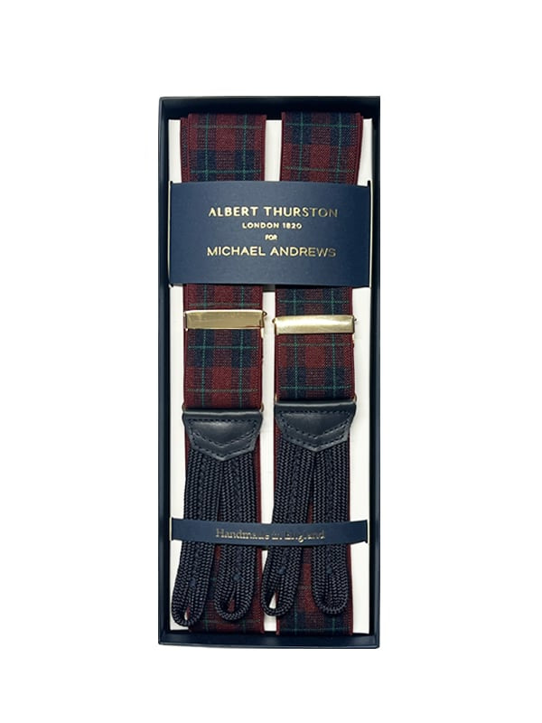 Albert Thurston Red, Blue and Green Plaid Stretch Suspenders w Gold Hardware - custom suits nyc bespoke tailor midtown, noho