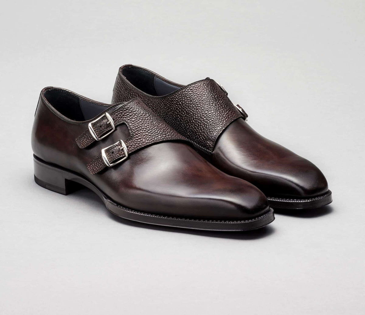 (product) Novara Nero Fondente Monk Strap, Angled pair view - custom suits nyc bespoke tailor midtown, noho