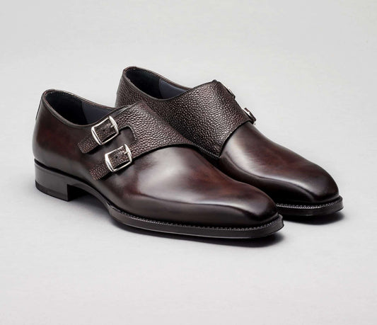 (product) Novara Nero Fondente Monk Strap, Angled pair view - custom suits nyc bespoke tailor midtown, noho